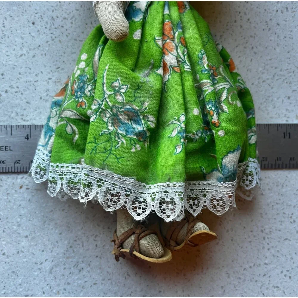 Handmade St. Thomas Folk Cloth Doll VTG In Traditional Green Dress With Veil